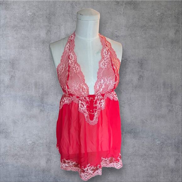 Vintage Y2K Victoria Secret Halter Chiffon Top Red Lace size Large - Picture 1 of 3